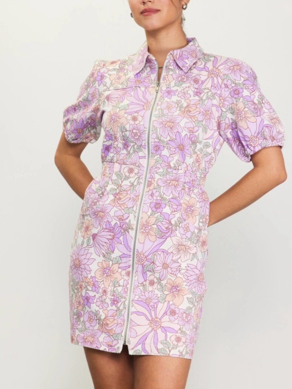 Skies Are Blue Floral Zip Front Dress XL Curvy 70s Groovy Cottagecore Boho Retro